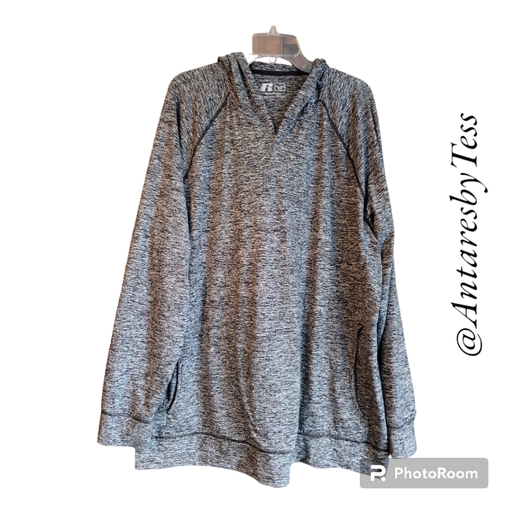 Russell 2X mens pullover henley hoodie long sleeves dri-fit black & white marl